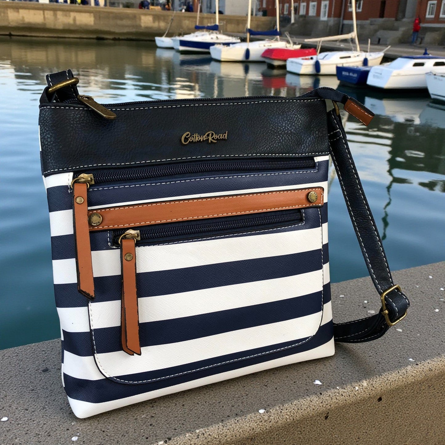 NAVY BLUE and WHITE PVC Cotton Road Sling Bag with STRIPES and TAN Trim detailing