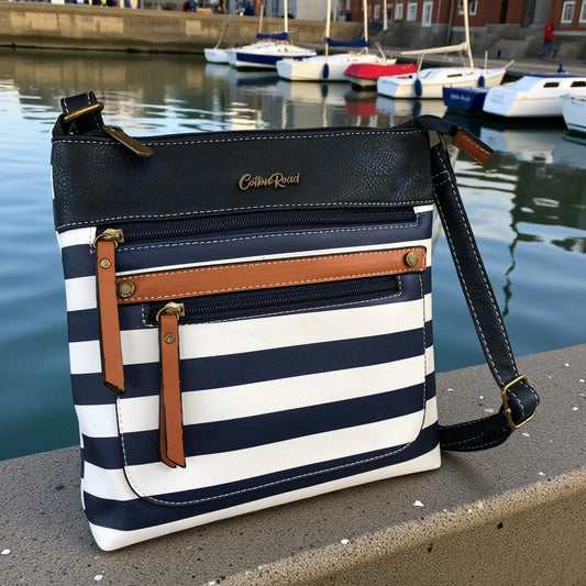 NAVY BLUE and WHITE PVC Cotton Road Sling Bag with STRIPES and TAN Trim detailing