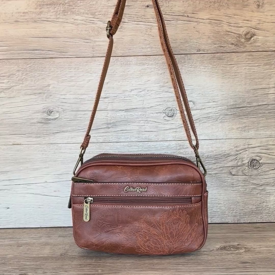 Cotton Road Sling Bag: BROWN Protea PU Leather Crossbody Bag with Branded Strap VIDEO
