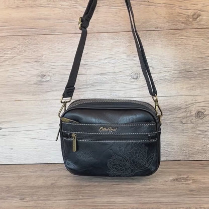 Cotton Road Sling Bag: BLACK Protea PU Leather Crossbody Bag with Branded STRAP HANGING VIDEO