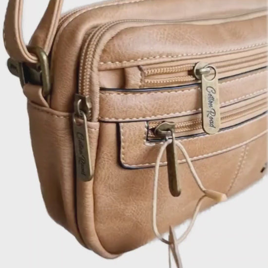 Cotton Road Sling Bag: KHAKI PU Leather Crossbody with Adjustable Strap VID