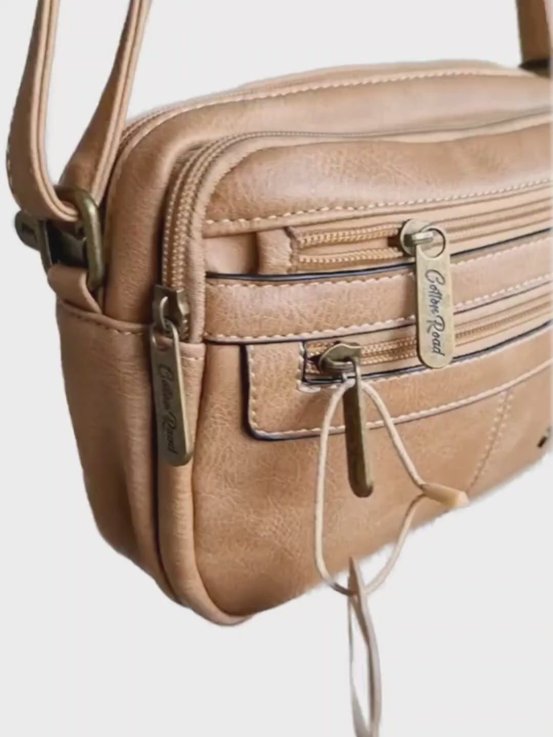 Cotton Road Sling Bag: KHAKI PU Leather Crossbody with Adjustable Strap VID