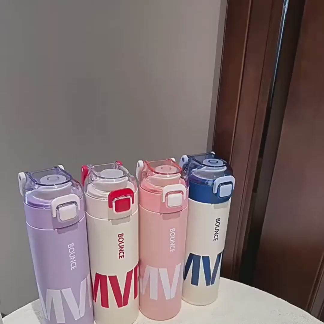 Video showing MVP Bounce stainless steel thermal water bottle being opened and demonstrating leak-proof flip-top lid, stainless steel interior, carry hangle, lock button and built-in strainer