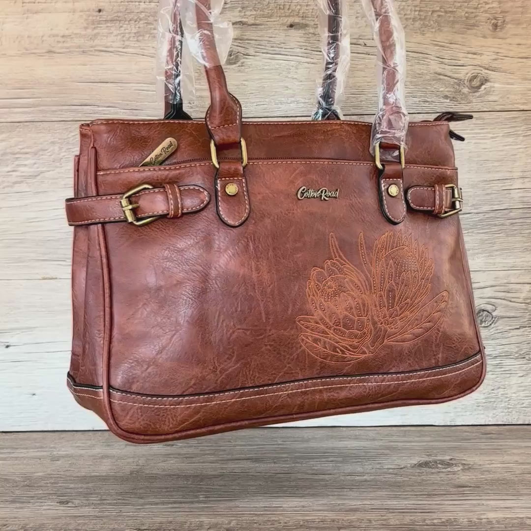 Cotton Road Handbag: Stylish BROWN PU Leather Bag with EMBROIDERED PROTEA Design VIDEO