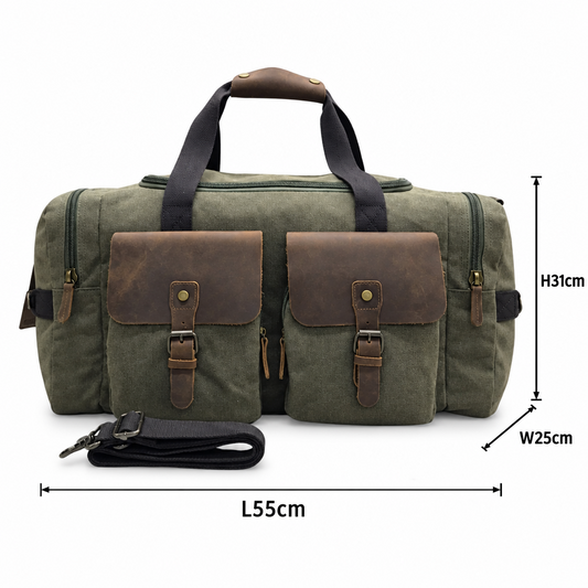 Vivace Travel Bag: ARMY GREEN Canvas Duffel with Genuine Leather Trim