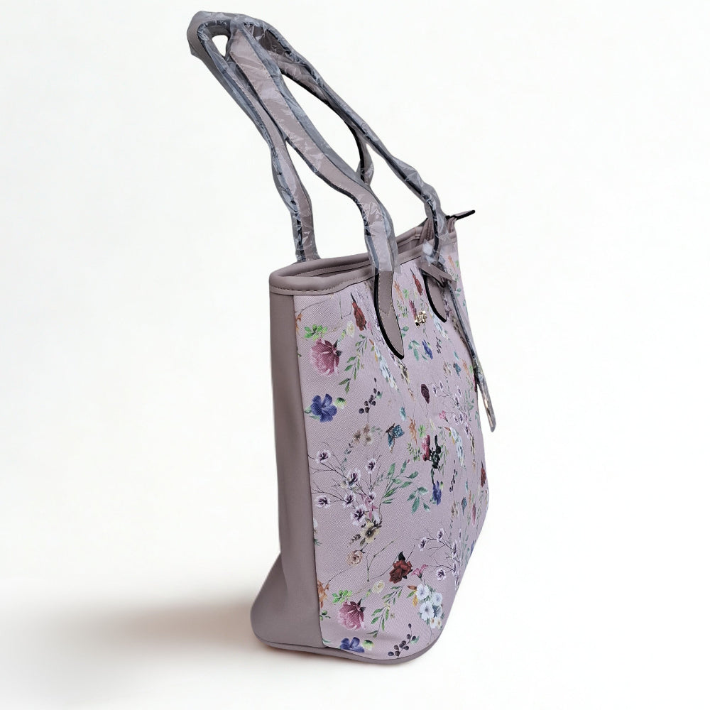 Cotton Road Shopper Bag: LARGE PINK FLORAL PU Leather Tote Bag with couchette