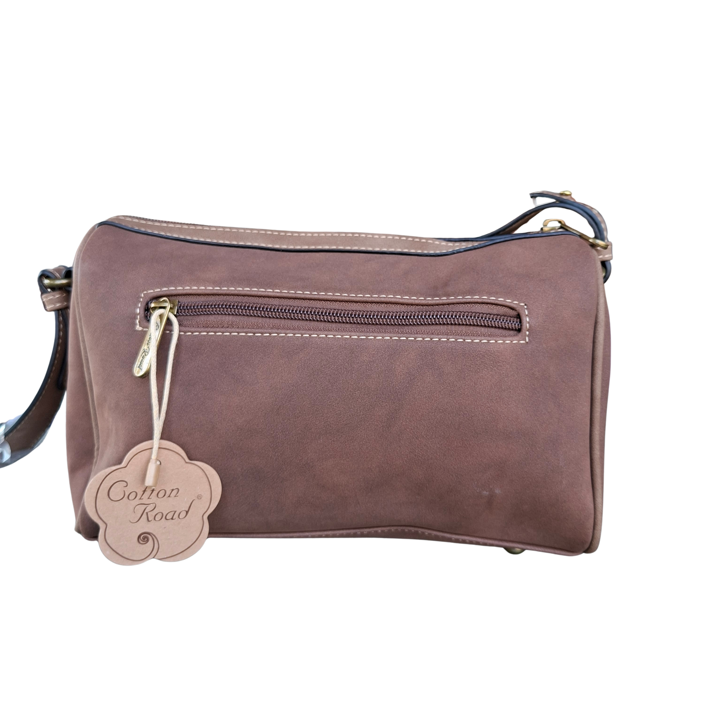 Cotton Road Barrel Sling Bag: BROWN Suede-Style PU Leather with Embossed Print