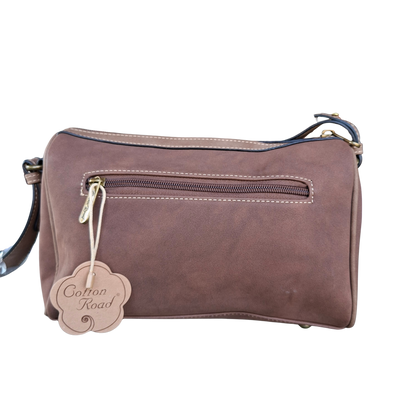 Cotton Road Barrel Sling Bag: BROWN Suede-Style PU Leather with Embossed Print