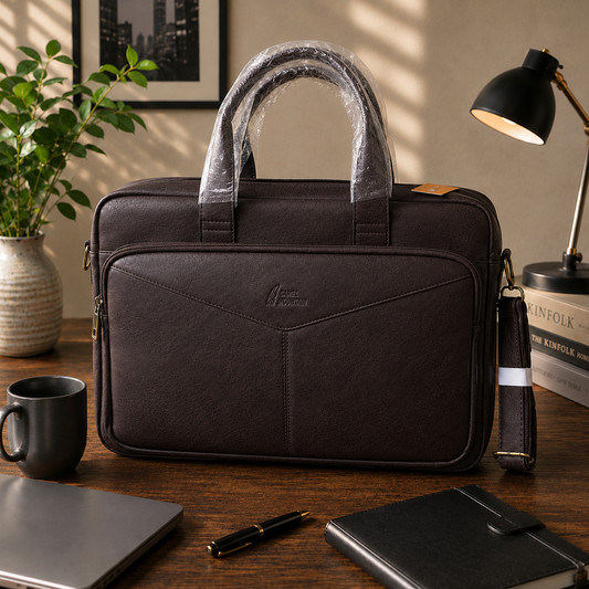 Camel Mountain Laptop Bag: Large DARK BROWN PU Leather with Adjustable Strap