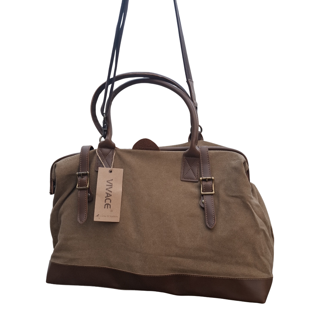 Vivace Travel Bag: KHAKI CANVAS and LEATHER Overnight Bag 