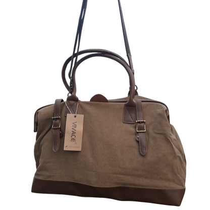 Vivace Travel Bag: KHAKI CANVAS and LEATHER Overnight Bag 