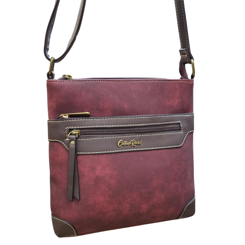 COTTON ROAD SLING BAG: RED Soft PU Leather CROSSBODY with BROWN TRIM