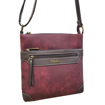 COTTON ROAD SLING BAG: RED Soft PU Leather CROSSBODY with BROWN TRIM