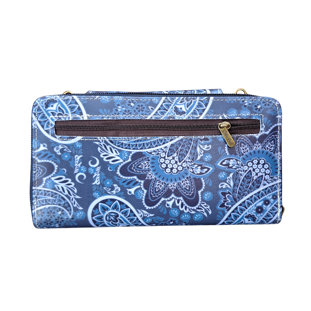 Cotton Road Sling Wallet: BLUE PVC Horizontal Cellphone Sling with Paisley Print and Tab Closure BACK