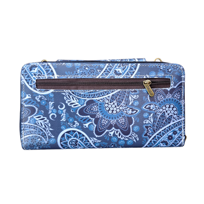 Cotton Road Sling Wallet: BLUE PVC Horizontal Cellphone Sling with Paisley Print and Tab Closure BACK
