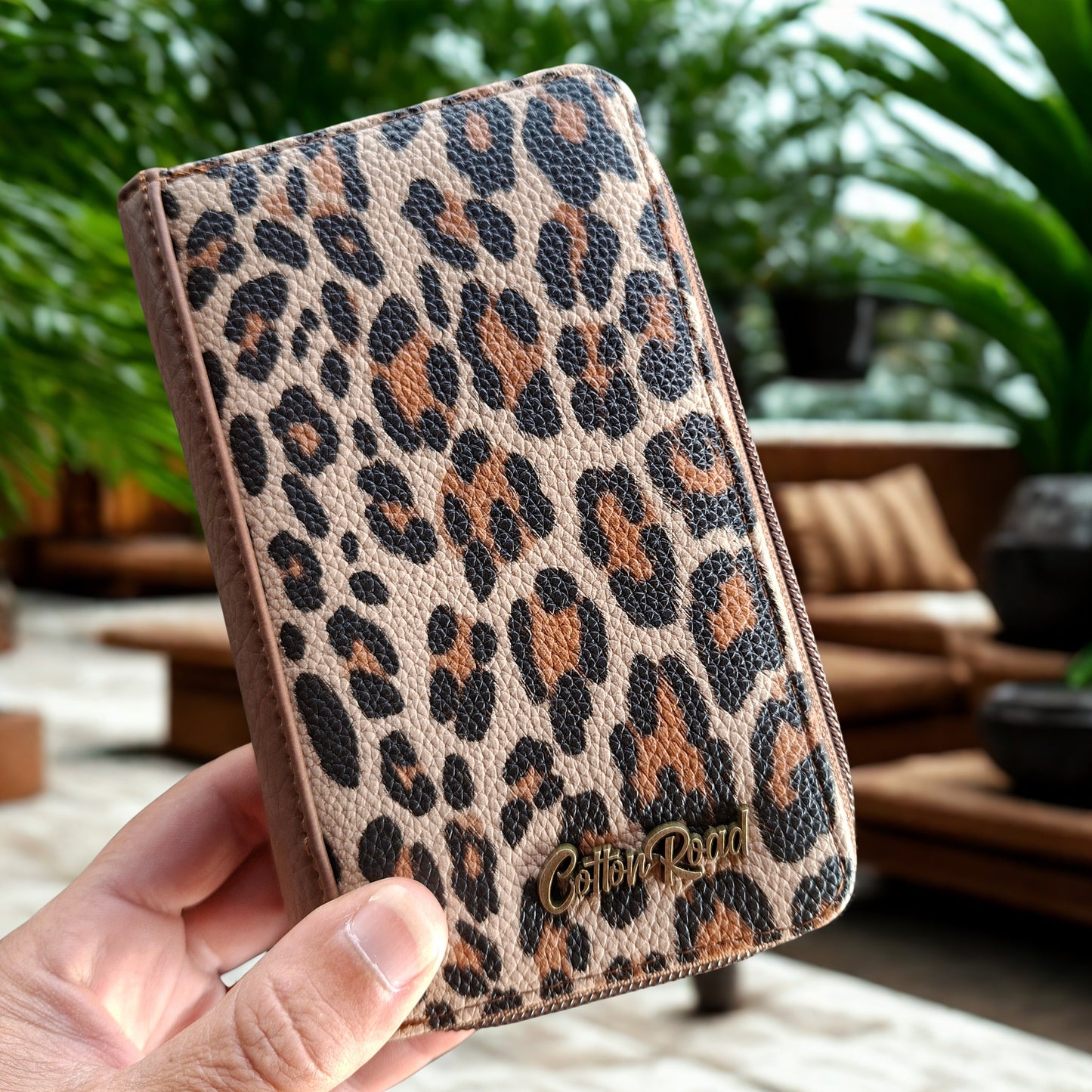 Cotton Road Wallet: Medium BROWN PU Leather with LEOPARD Print