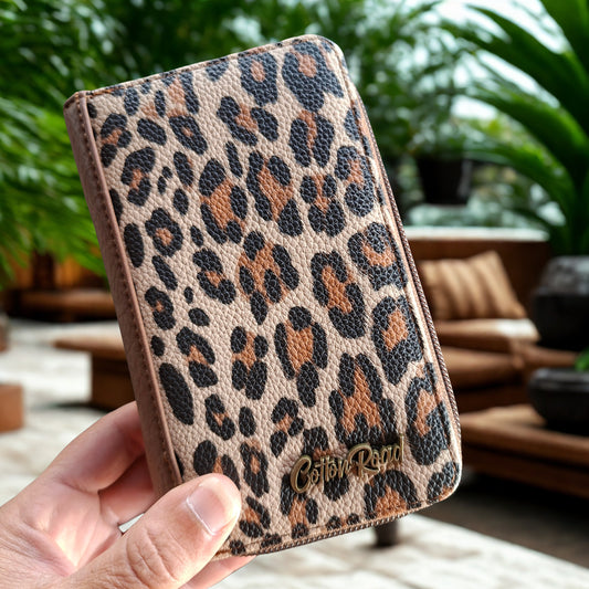 Cotton Road Wallet: Medium BROWN PU Leather with LEOPARD Print