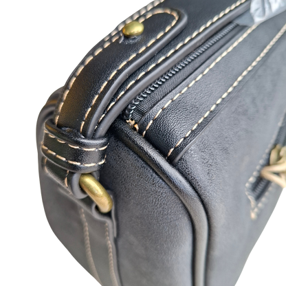 Cotton Road Sling Bag: BLACK PU Leather with Embossed PROTEA and BRANDED Strap