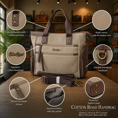 Cotton Road Handbag: KHAKI Canvas & PU Leather Multi-pocket Shoulder Bag