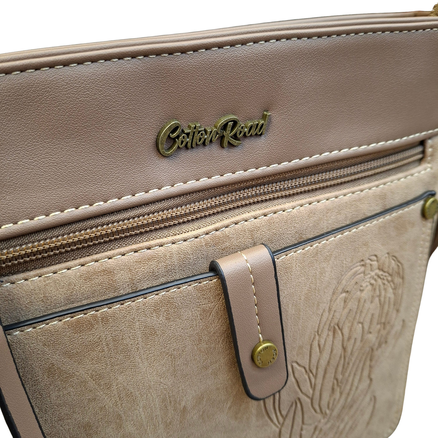 Cotton Road Sling Bag: KHAKI PU Leather with Embossed Protea