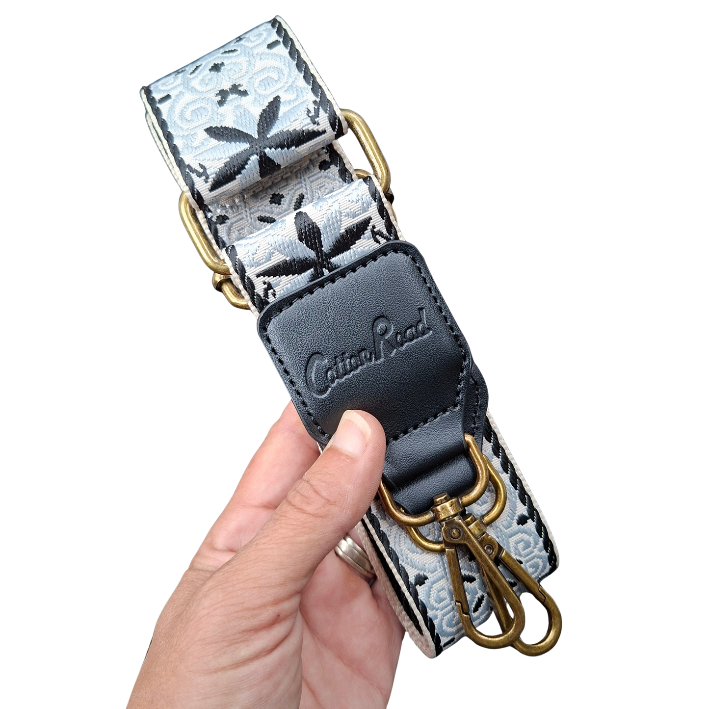 Cotton Road Adjustable Bag Strap: WHITE & BLACK Pattern with Logo Detail