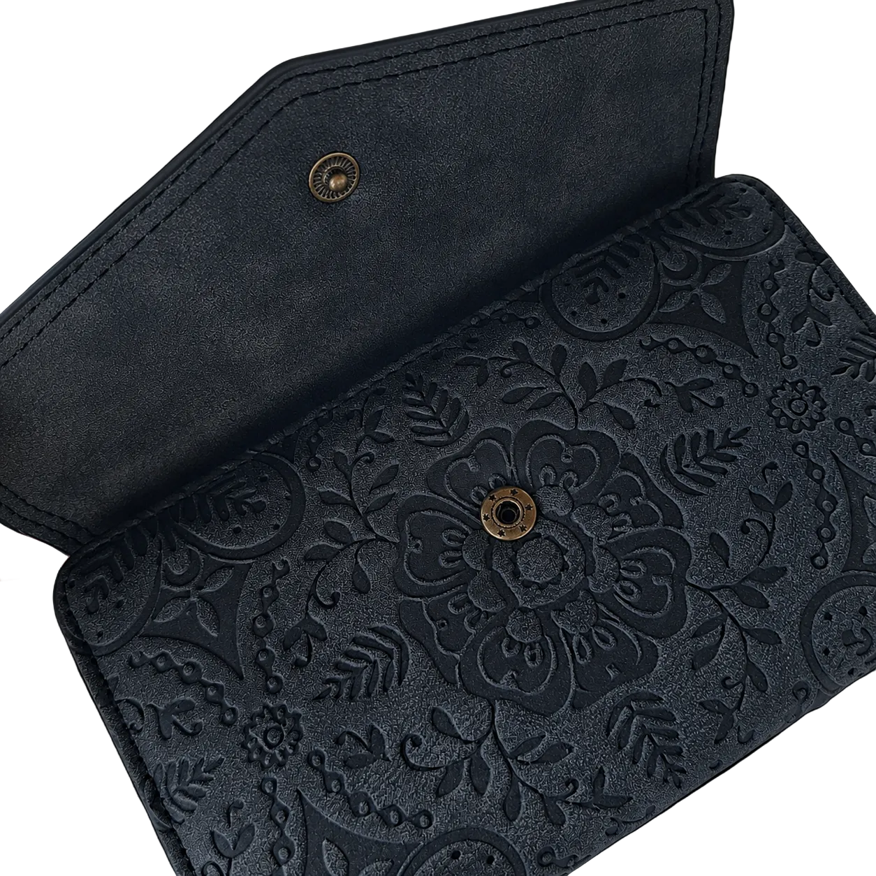 Cotton Road Wallet: Medium BLACK Suede-Style PU Leather with EMBOSSED Print