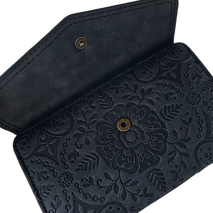 Cotton Road Wallet: Medium BLACK Suede-Style PU Leather with EMBOSSED Print