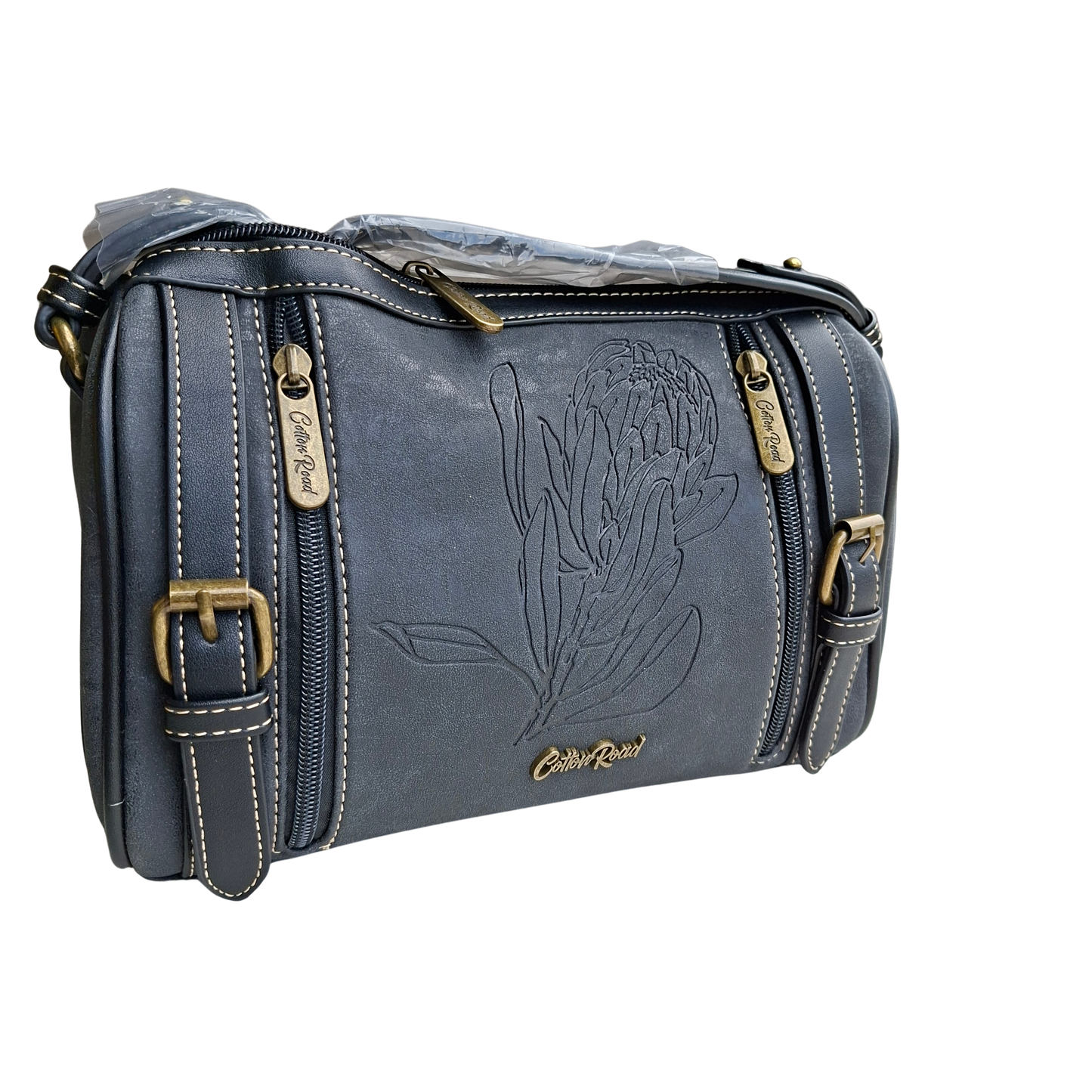 Cotton Road Sling Bag: BLACK PU Leather with Embossed PROTEA and BRANDED Strap