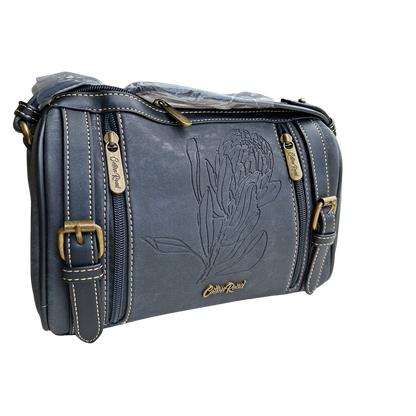 Cotton Road Sling Bag: BLACK PU Leather with Embossed PROTEA and BRANDED Strap