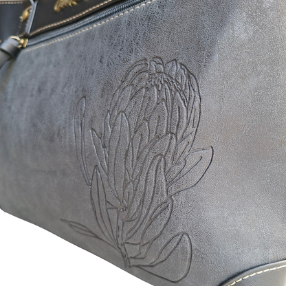 Cotton Road Handbag: BLACK PU Leather Double Compartment Handbag with EMBOSSED Protea
