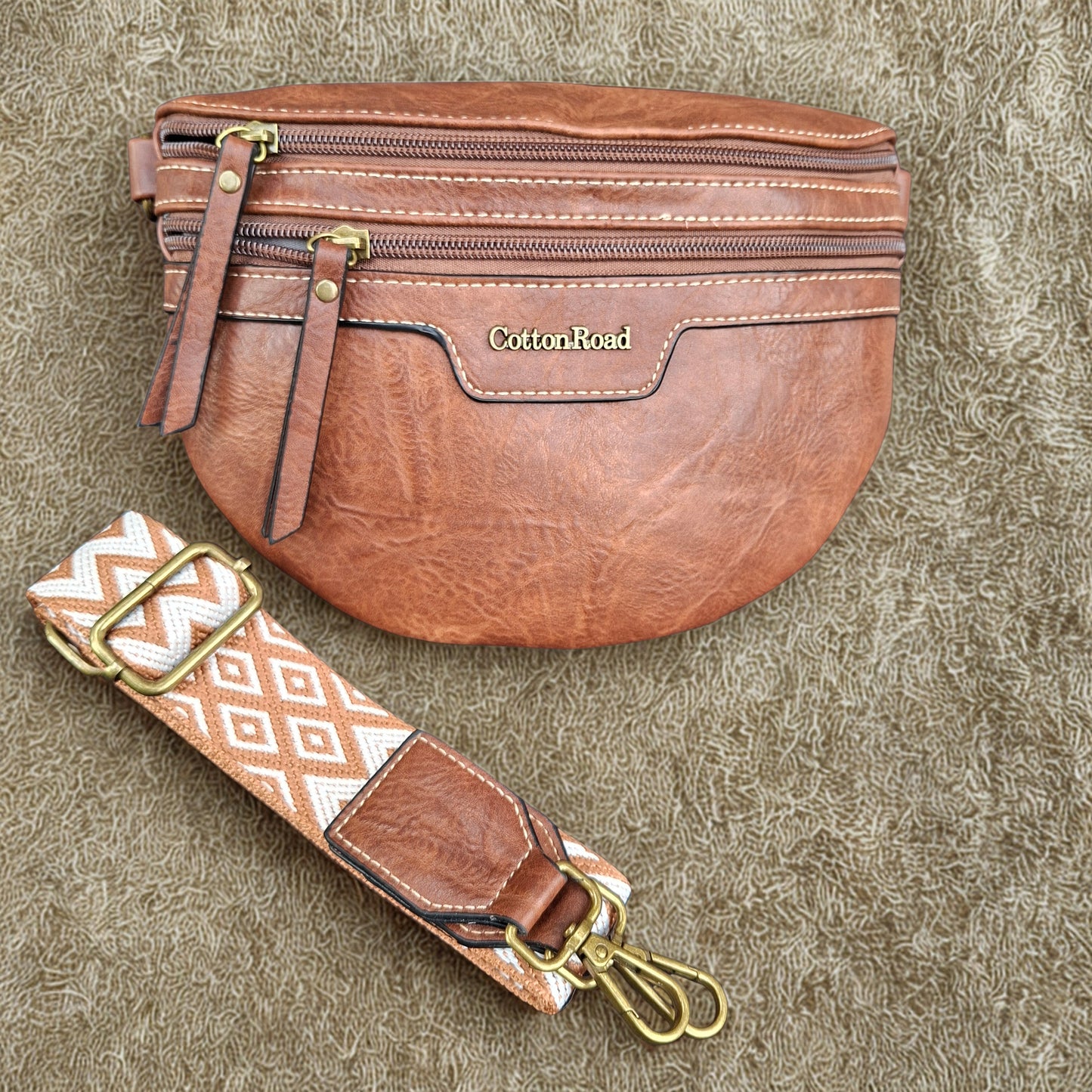 Cotton Road Sling Bag: BROWN PU Leather Crossbody Bag with Woven Strap