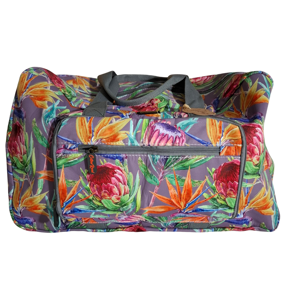 Cotton Road Travel Bag: Purple Soft Overnight Bag with Colourfull Protea detailing FRONT VIEW
