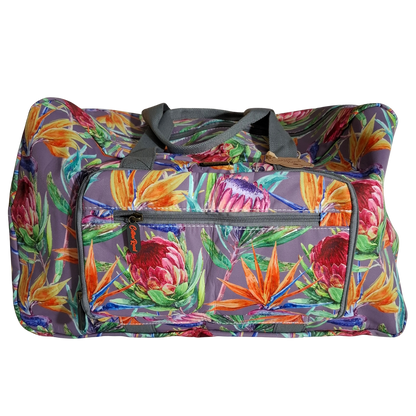 Cotton Road Travel Bag: Purple Soft Overnight Bag with Colourfull Protea detailing FRONT VIEW