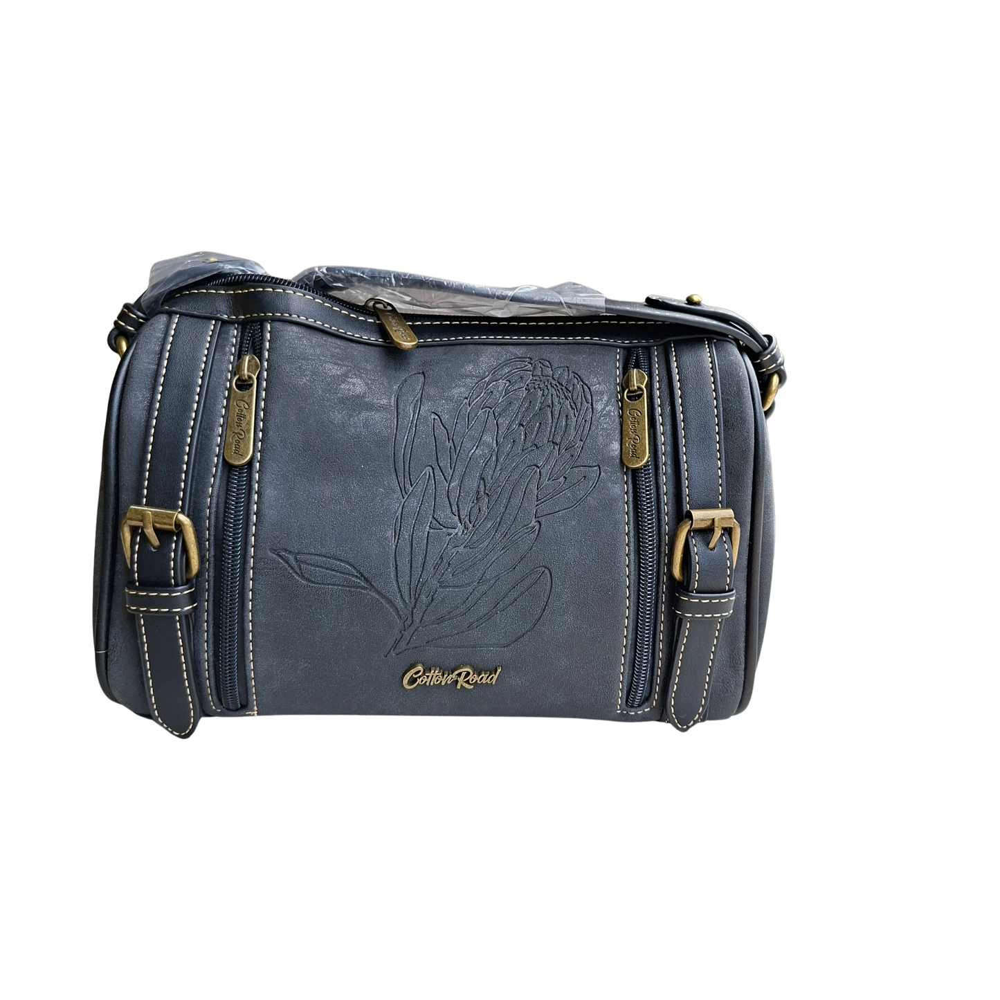 Cotton Road Sling Bag: BLACK PU Leather with Embossed PROTEA and BRANDED Strap