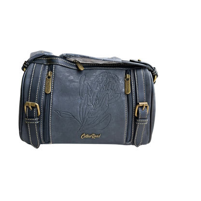 Cotton Road Sling Bag: BLACK PU Leather with Embossed PROTEA and BRANDED Strap