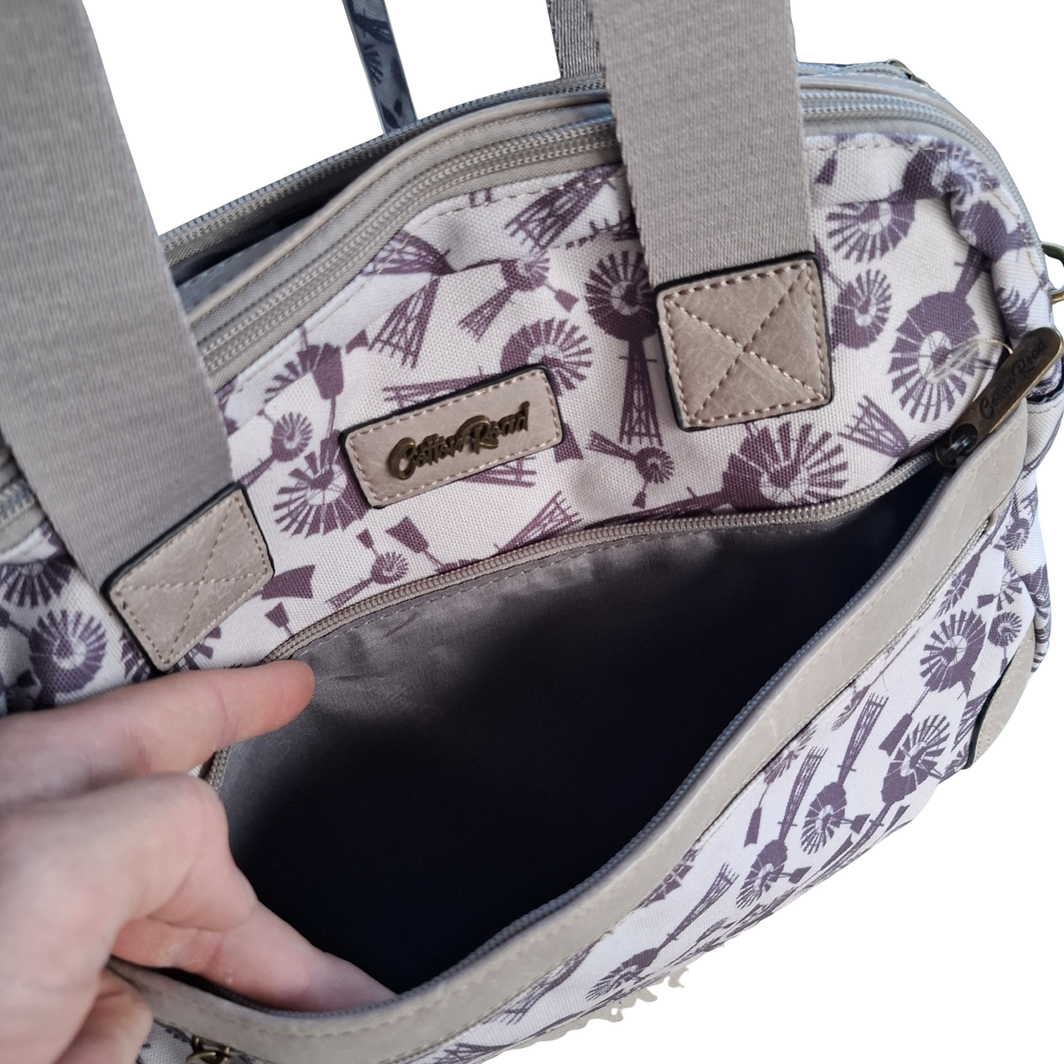 Cotton Road Handbag: BEIGE Canvas Handbag with PU Leather Trim and WINDMILLS