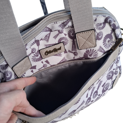 Cotton Road Handbag: BEIGE Canvas Handbag with PU Leather Trim and WINDMILLS