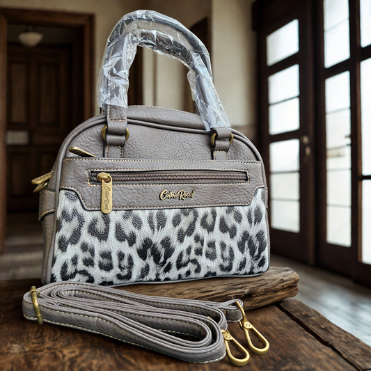 Cotton Road Handbag: GREY PU Leather Handbag with LEOPARD PRINT Panel