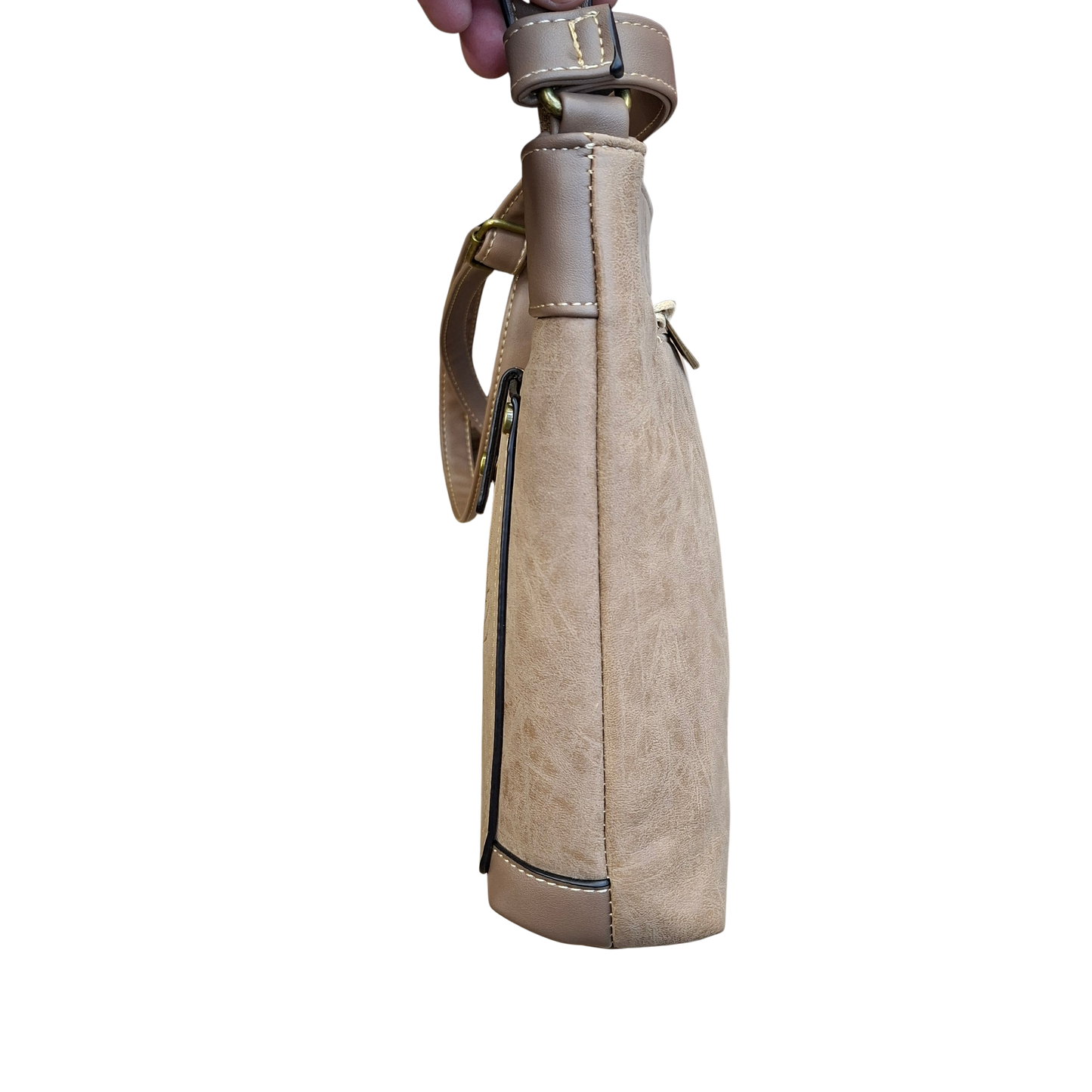Cotton Road Sling Bag: KHAKI PU Leather with Embossed Protea