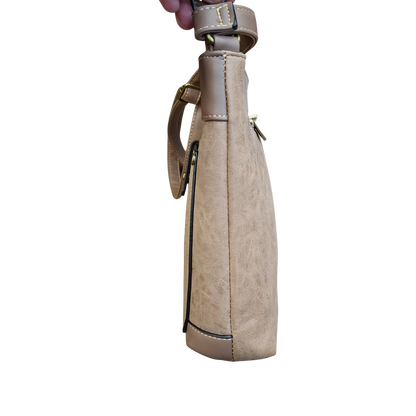 Cotton Road Sling Bag: KHAKI PU Leather with Embossed Protea