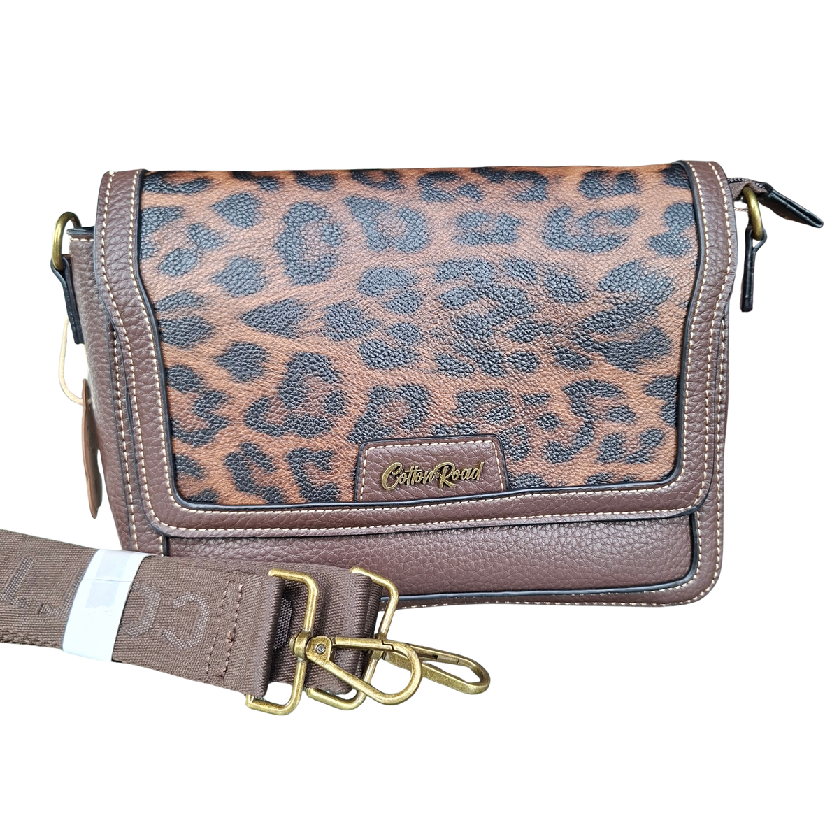 Cotton Road Sling Bag: COFFEE BROWN PU Leather Flap Crossbody with LEOPARD PRINT Panel & Branded Strap