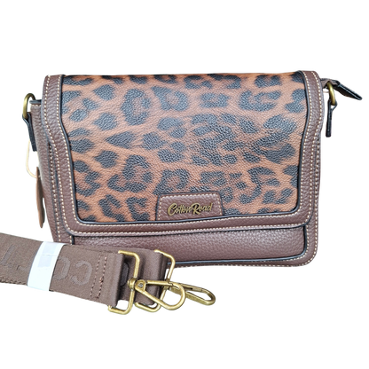 Cotton Road Sling Bag: COFFEE BROWN PU Leather Flap Crossbody with LEOPARD PRINT Panel & Branded Strap