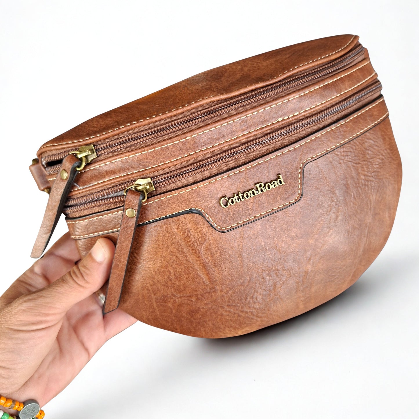 Cotton Road Sling Bag: BROWN PU Leather Crossbody Bag with Woven Strap