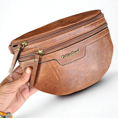 Cotton Road Sling Bag: BROWN PU Leather Crossbody Bag with Woven Strap