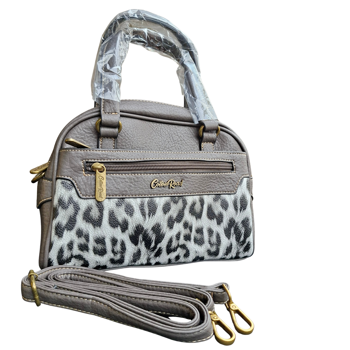Cotton Road Handbag: GREY PU Leather Handbag with LEOPARD PRINT Panel