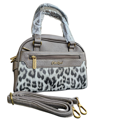 Cotton Road Handbag: GREY PU Leather Handbag with LEOPARD PRINT Panel