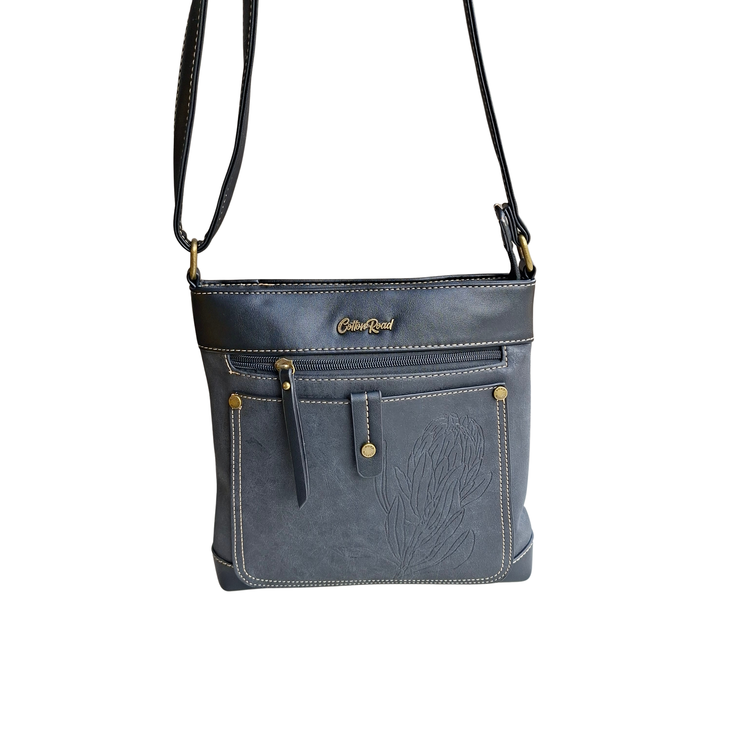 Cotton Road Sling Bag: BLACK PU Leather with Embossed Protea