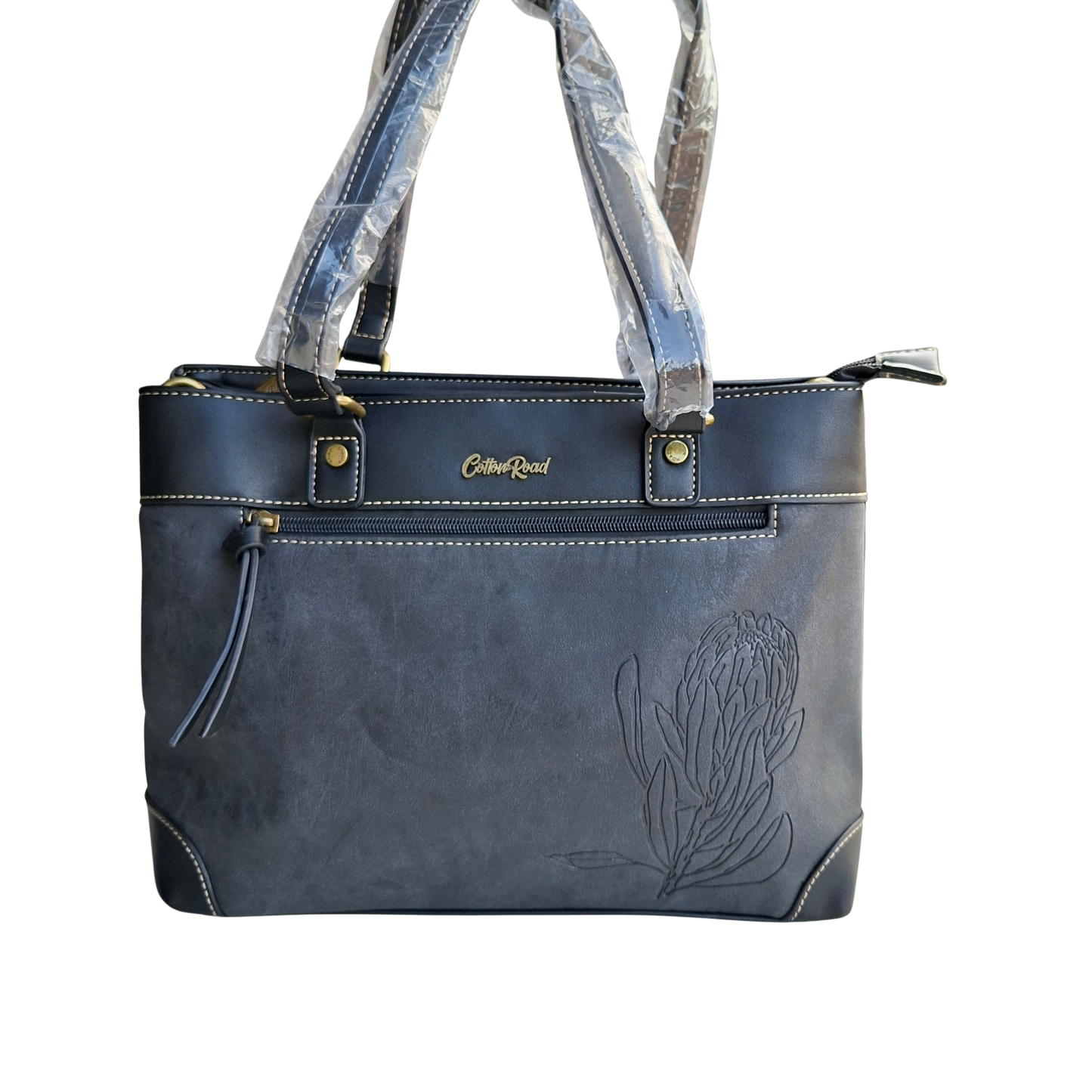 Cotton Road Handbag: BLACK PU Leather Double Compartment Handbag with EMBOSSED Protea