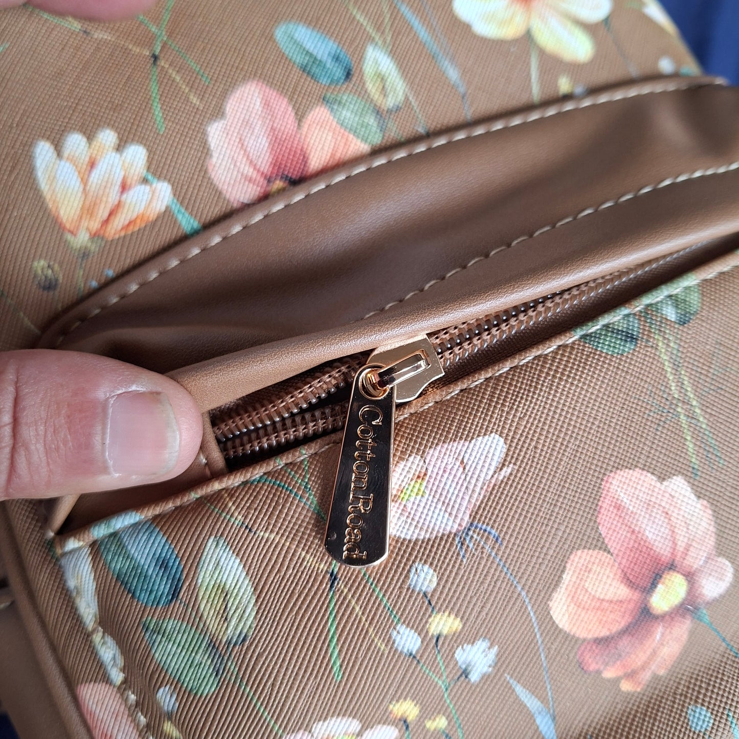 Cotton Road Backpack: KHAKI PU Leather Mini Backpack with FLORAL Panel