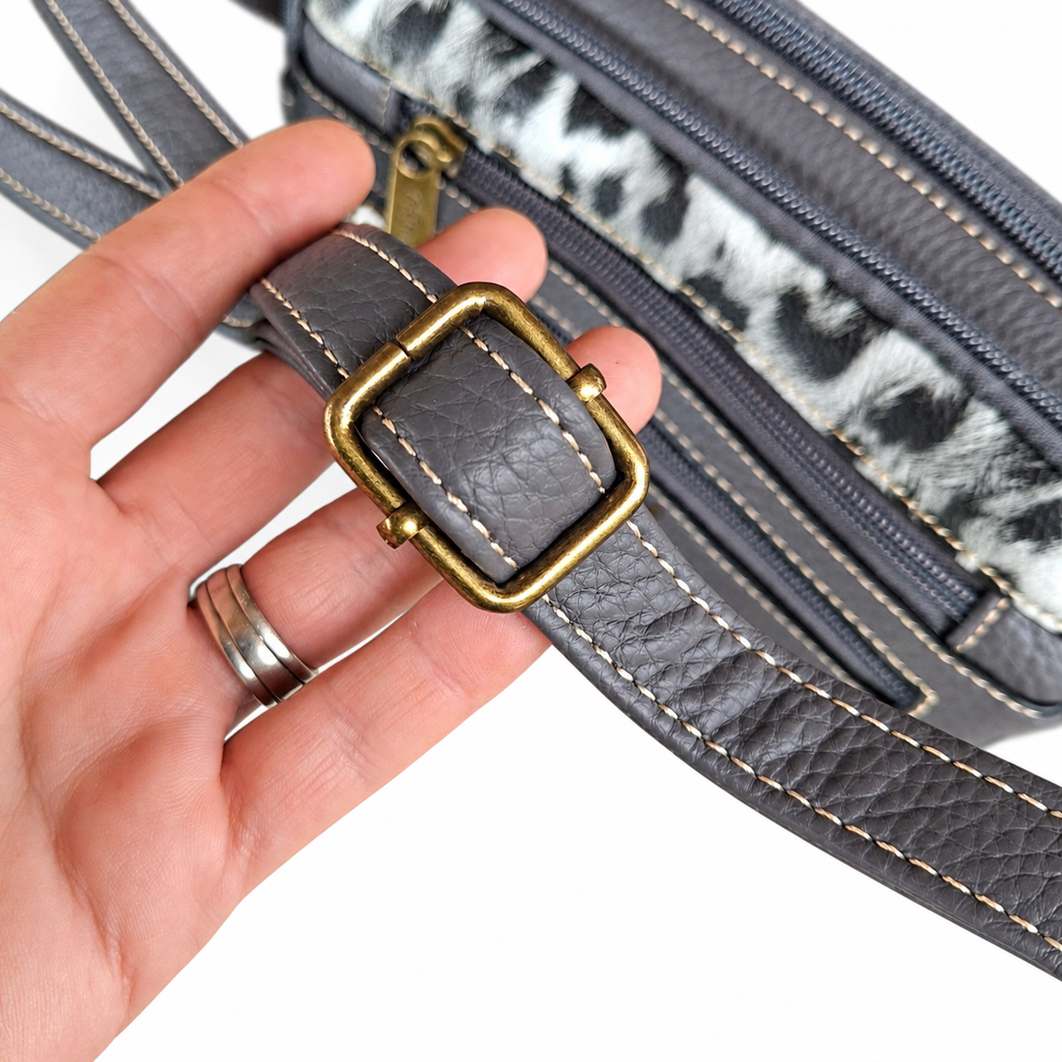 Cotton Road Sling Bag: GREY PU leather Crossbody with Leopard Print